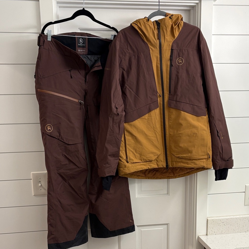 Brown and Mustard Backcountry Two-Piece Ski and Snowboard Jacket and pants
